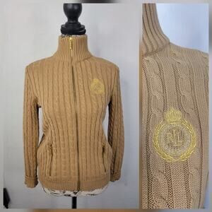 Lauren Ralph Lauren Womens Full Zip Cable Knit Crest Cardigan Sweater Sz XS Tan